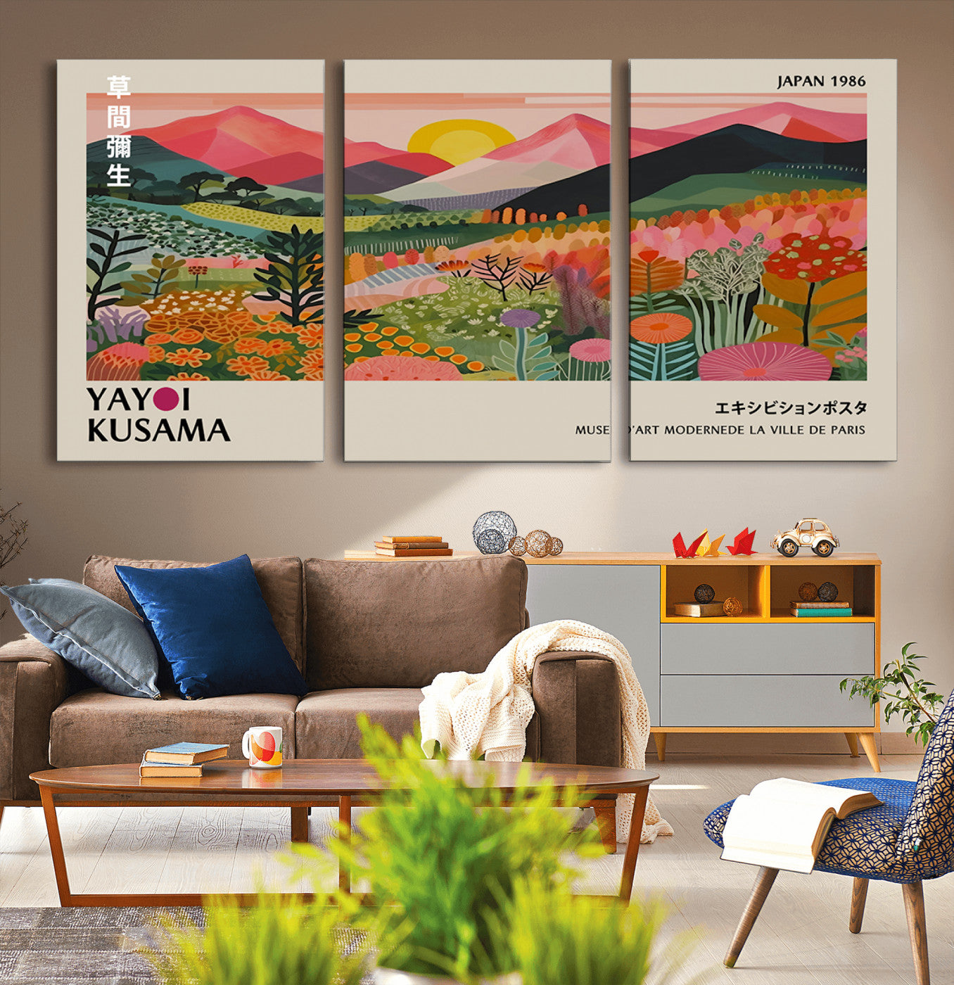 MGV-CV-60X30-3P - Yayoi Kusama Landscape Canvas Print, Vibrant Floral Mountain Art Print, Framed Botanical Wall Art -