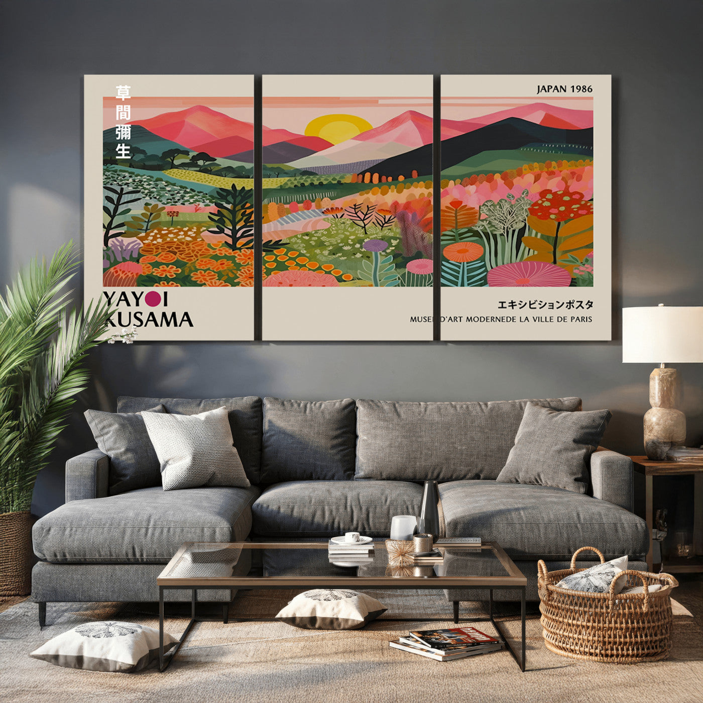 30051-MGV-CV-36X24 - Yayoi Kusama Landscape Canvas Print, Vibrant Floral Mountain Art Print, Framed Botanical Wall Art