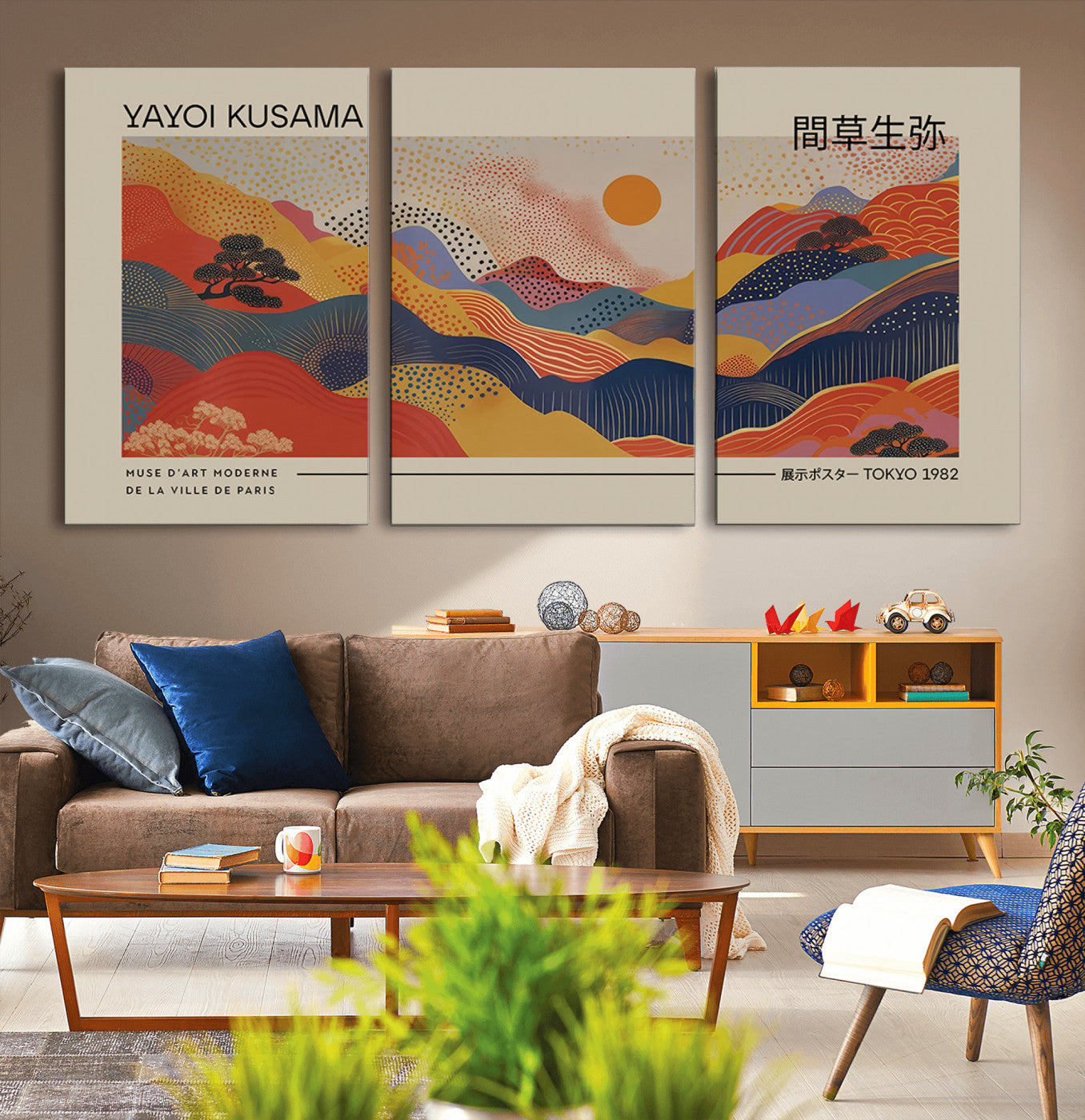 MGV-CV-60X30-3P - Yayoi Kusama Landscape Canvas Print, Vibrant Floral Mountain Art Print, Botanical Flower Nature