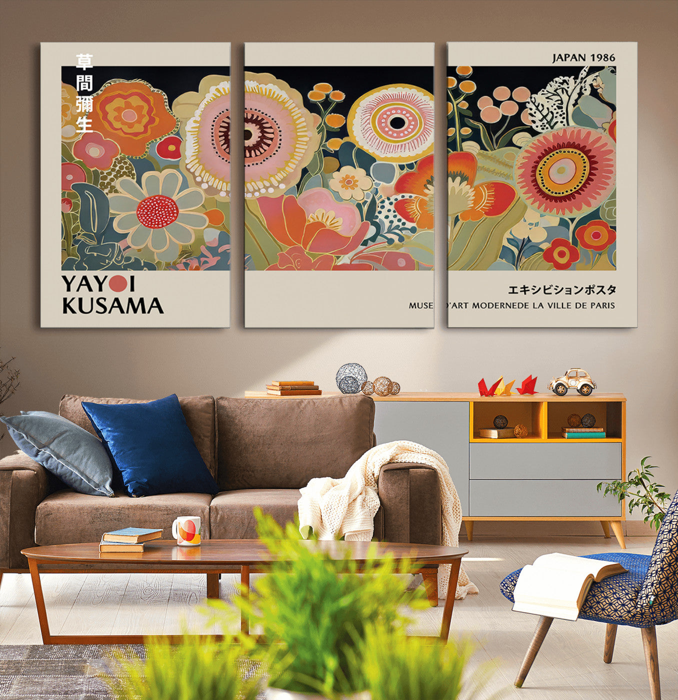 MGV-CV-60X30-3P - Yayoi Kusama Landscape Canvas Print, Vibrant Floral Mountain Art Print, Botanical Flower Nature Decor, Sunset Scenery Artwork