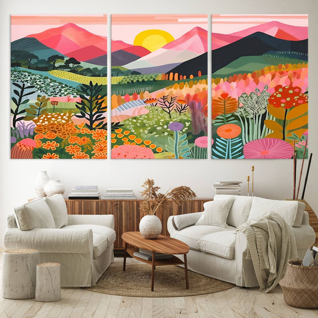 Vibrant abstract landscape canvas: Yayoi Kusama 1986 wall art print featuring mountains, sun, and flowers. Ready-to-hang.