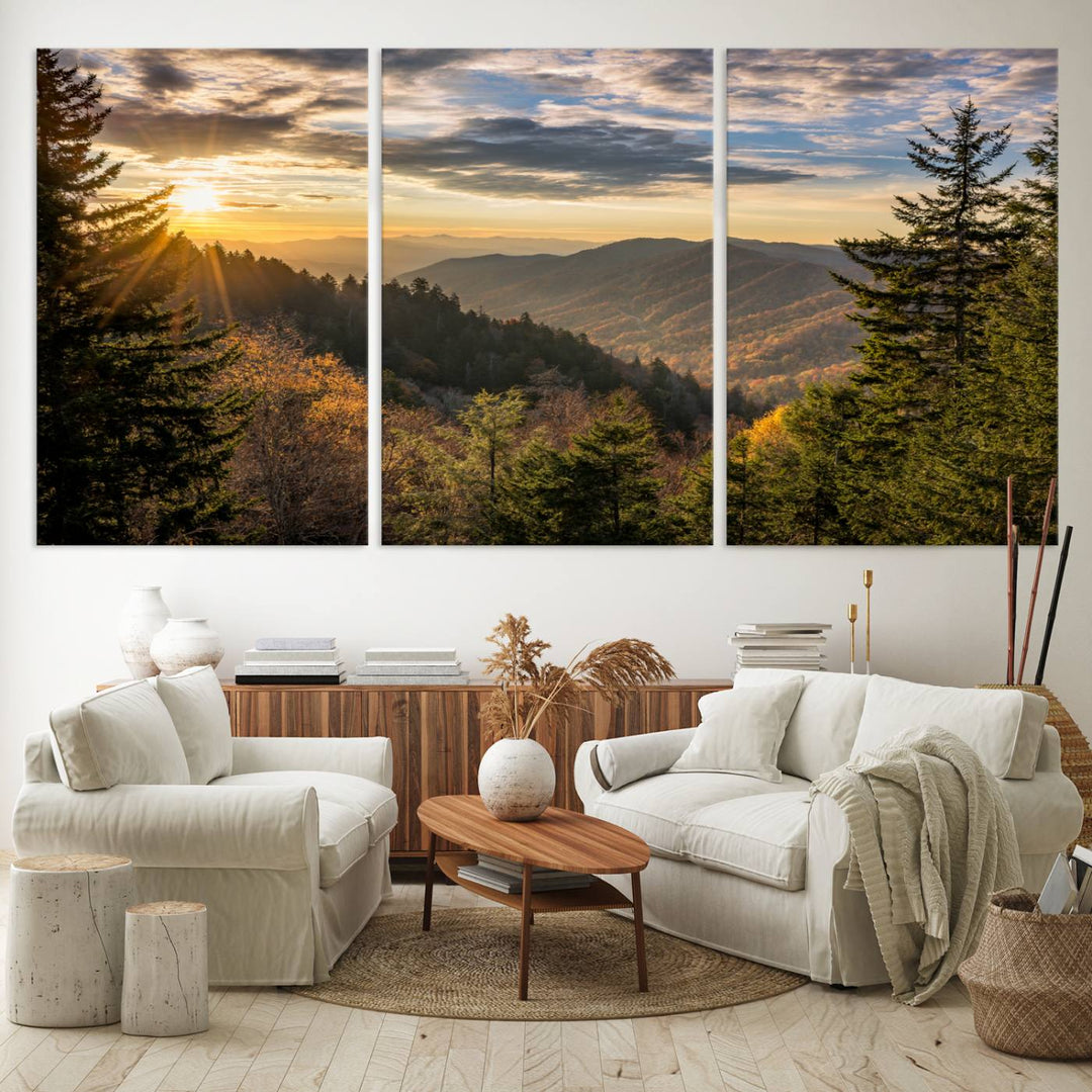 The dining area is beautifully decorated with the Sunrise Over the Smoky Mountains Canvas Wall Art – a breathtaking scenic landscape photography in a stunning triptych that's ready to hang.