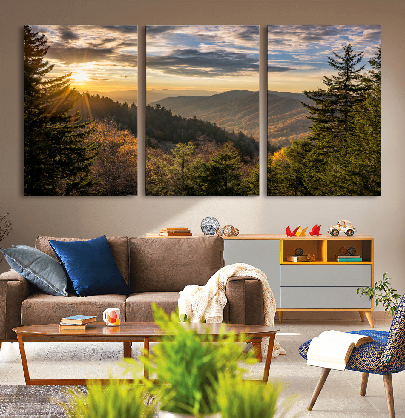 MGV-CV-60X30-3P - Sunrise Over the Smoky Mountains Canvas Wall Art – Breathtaking Scenic Landscape Photography in a