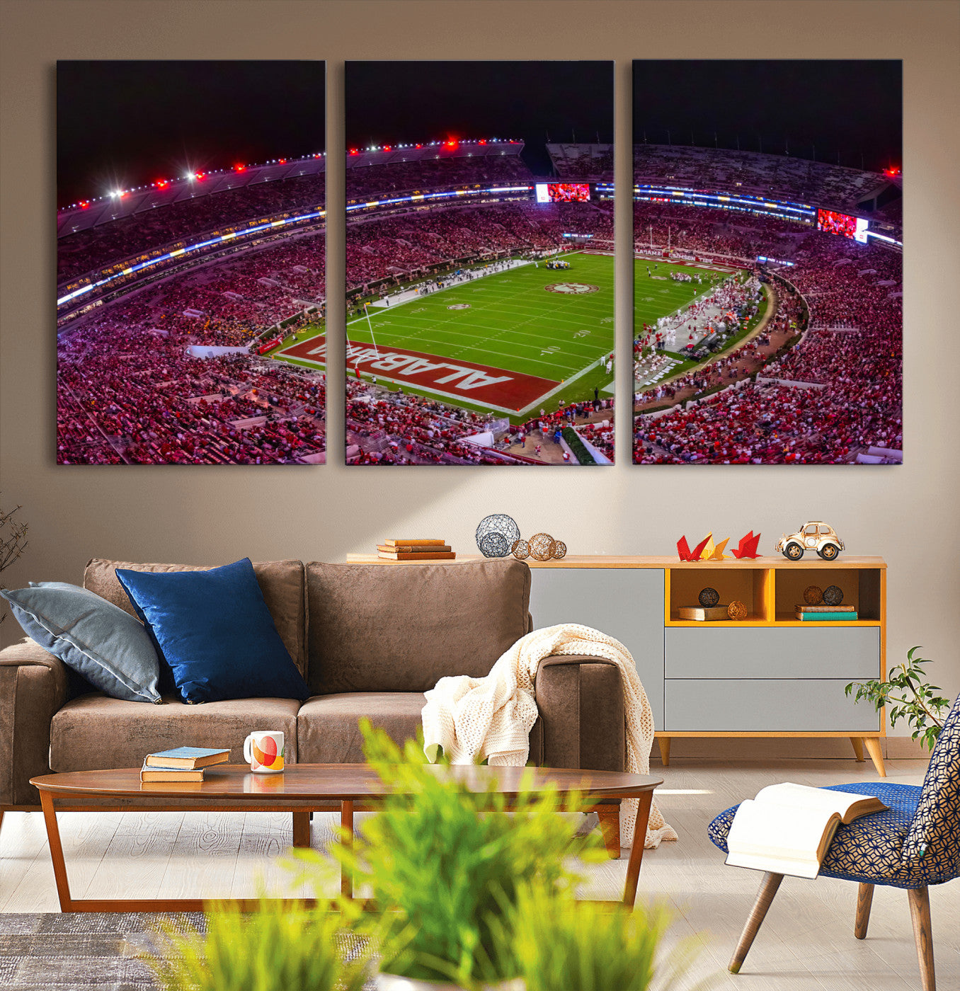 MGV-CV-60X30-3P - Bryant-Denny Stadium Night Game Triple Canvas Wall Art - Alabama Crimson Tide Football Match