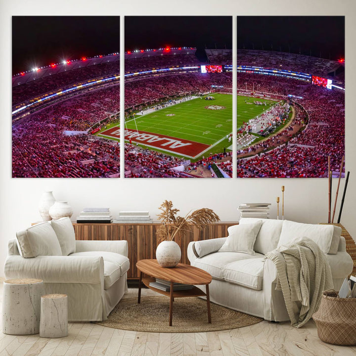 The living room features a Bryant-Denny Stadium Night Game Triple Canvas Wall Art.