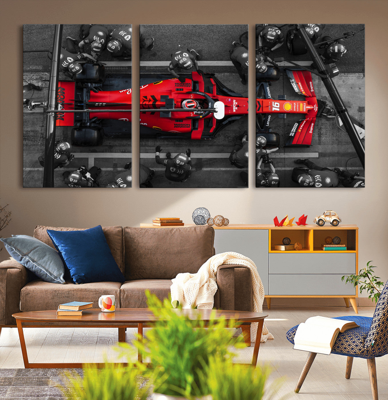 MGV-CV-60X30-3P - Ferrari Pit Stop Canvas Wall Art – Precision and Speed Captured in Bold Motorsport Imagery – Ready