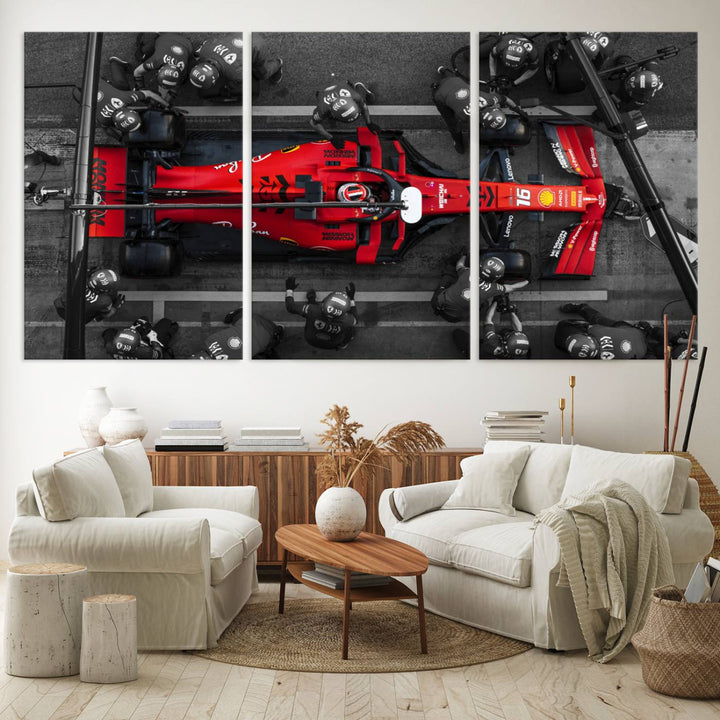 The Ferrari Pit Stop Canvas Wall Art features bold motorsport imagery that captures the precision and speed of Formula 1.