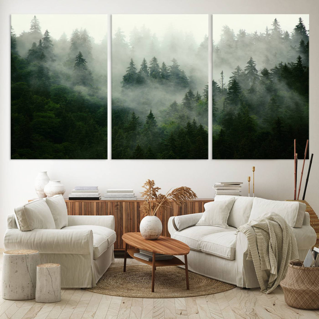 The Misty Forest Wall Art Canvas Print captures a serene, foggy evergreen landscape, evoking a mysterious woodland ambiance.