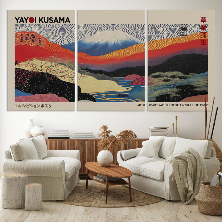 A framed Yayoi Kusama 1986 wall art print, showcasing vibrant abstract landscapes with a Wabi Sabi influence, is prominently displayed as a Japanese wall art piece.