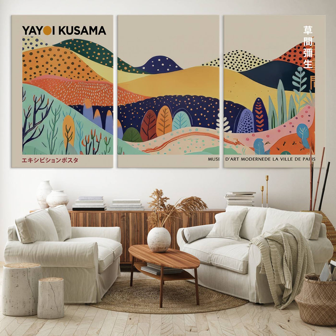 In a living room with contemporary décor, a vibrant abstract landscape by Yayoi Kusama from 1986 is prominently displayed.