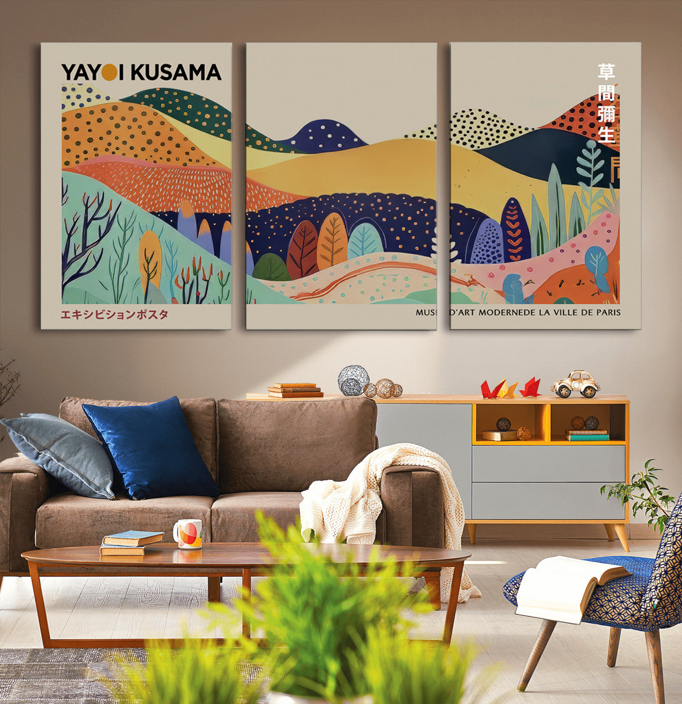 MGV-CV-60X30-3P - Framed Yayoi Kusama 1986 Wall Art Print – Japanese Wall Art Print, Wabi Sabi Yayoi Kusama Print -