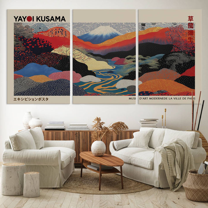 The room showcases Kusamas 1986 vibrant abstract landscape wall art print.