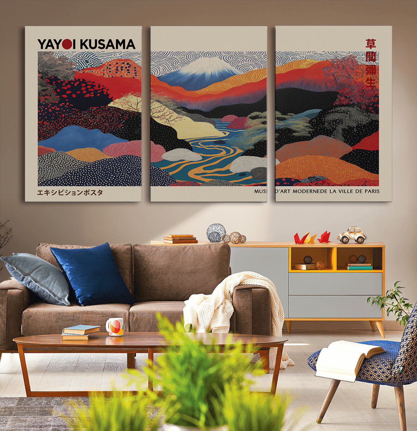 MGV-CV-60X30-3P - Framed Yayoi Kusama 1986 Wall Art Print – Japanese Wall Art Print, Wabi Sabi Yayoi Kusama Print -