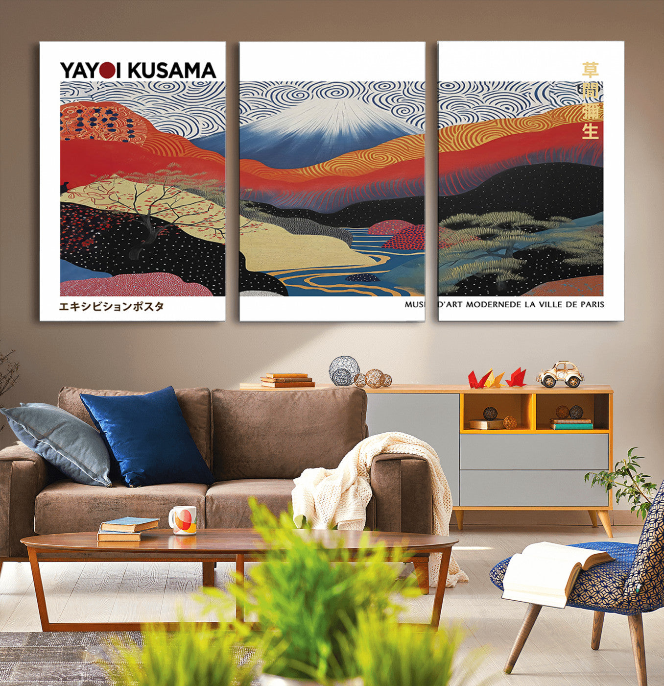 MGV-CV-60X30-3P - Framed Yayoi Kusama 1986 Wall Art Print – Japanese Wall Art Print, Wabi Sabi Yayoi Kusama Print -