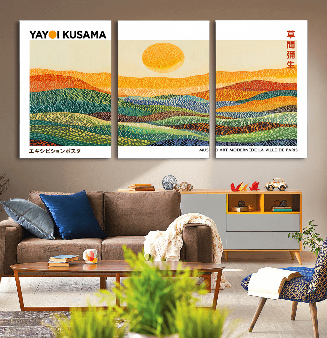 MGV-CV-60X30-3P - Framed Yayoi Kusama 1986 Wall Art Print – Japanese Wall Art Print, Wabi Sabi Yayoi Kusama Print -