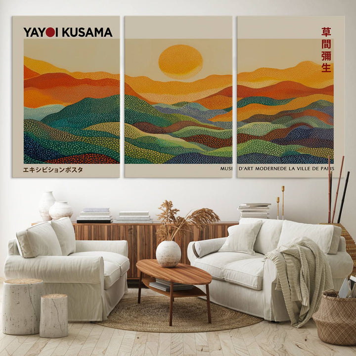 The vibrant abstract landscape depicted in the three-panel "Framed Yayoi Kusama 1986 Wall Art Print" seamlessly integrates nature-inspired décor.