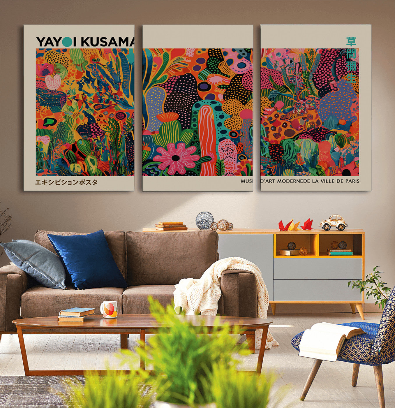 MGV-CV-60X30-3P - Framed Yayoi Kusama 1986 Wall Art Print – Japanese Wall Art Print, Wabi Sabi Yayoi Kusama Print -