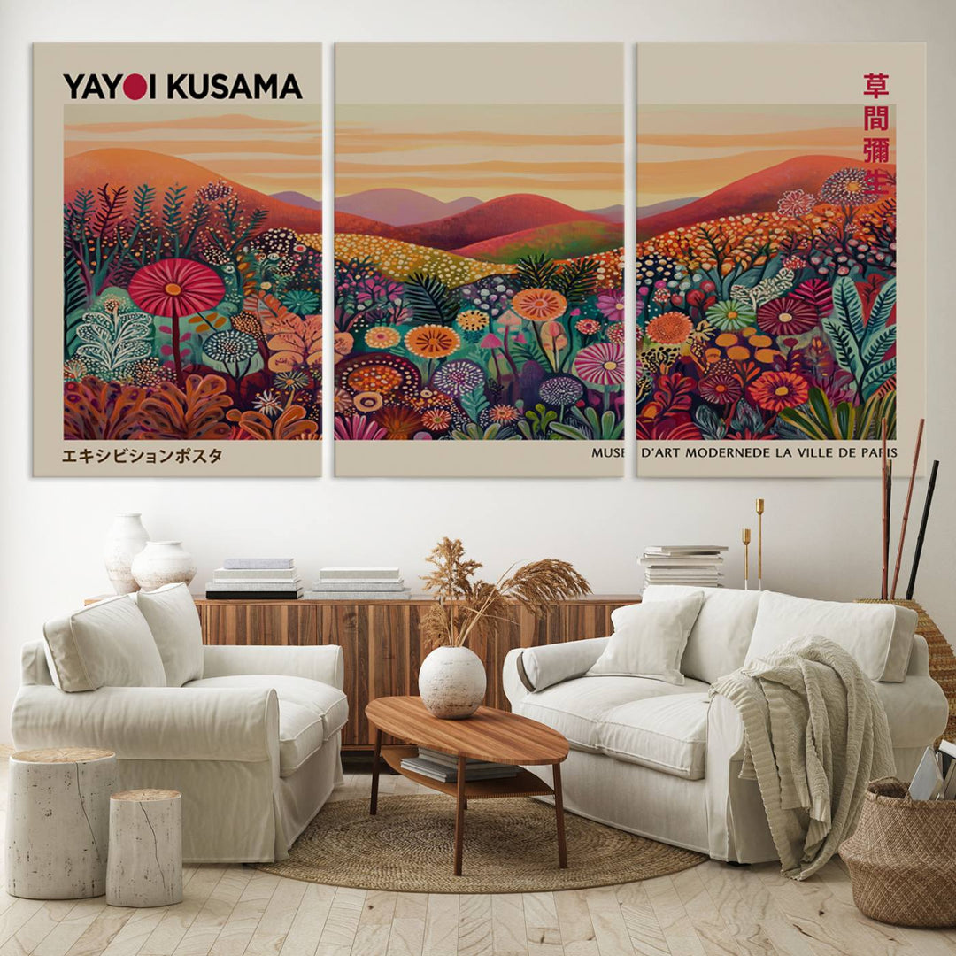 The room is adorned with a triptych artwork depicting colorful flowers and hills, incorporating the "Framed Yayoi Kusama 1986 Wall Art Print" – a vibrant abstract landscape canvas print that blends Japanese Wabi Sabi themes into contemporary nature-inspired décor.