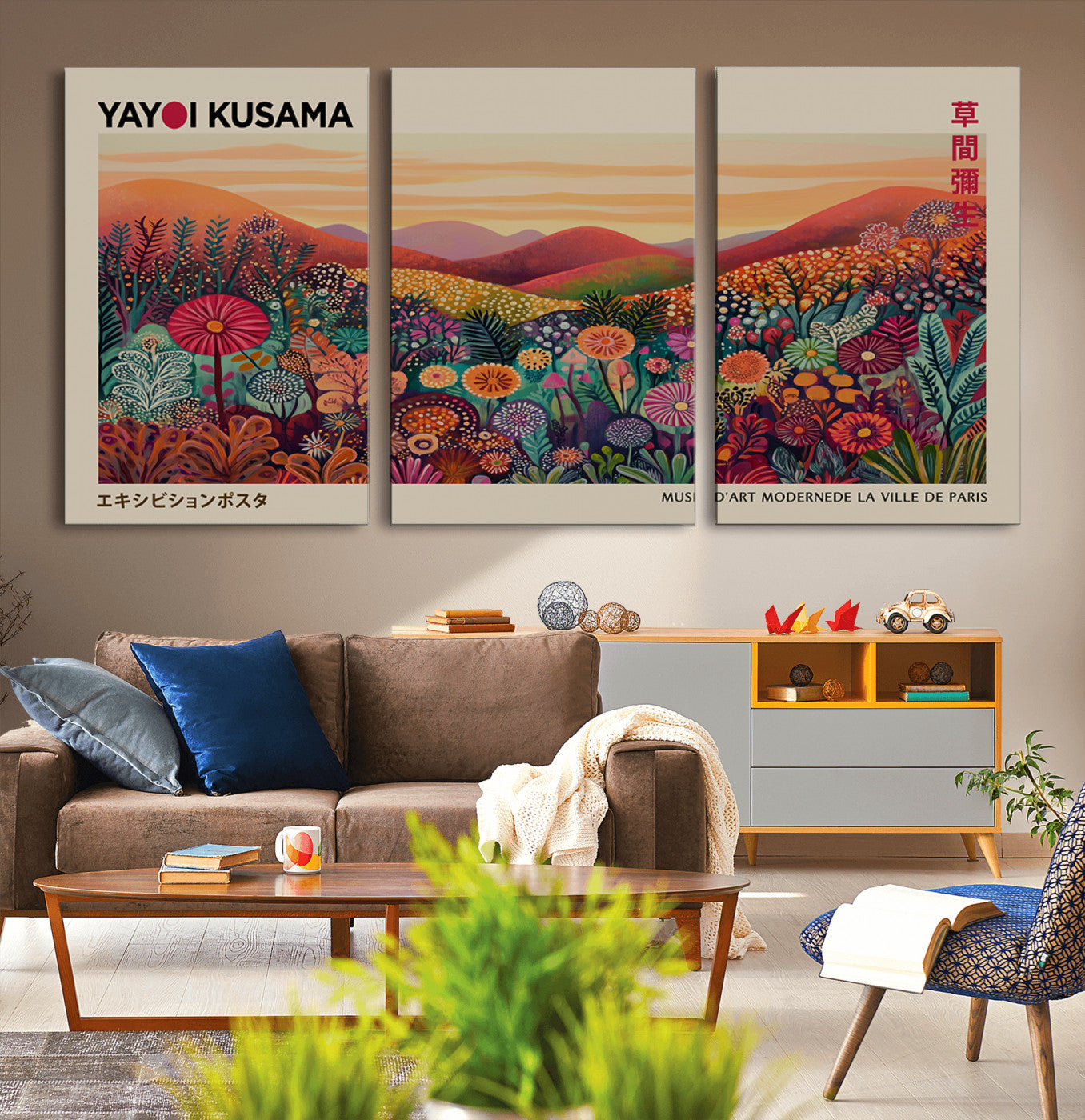 MGV-CV-60X30-3P - Framed Yayoi Kusama 1986 Wall Art Print – Japanese Wall Art Print, Wabi Sabi Yayoi Kusama Print -