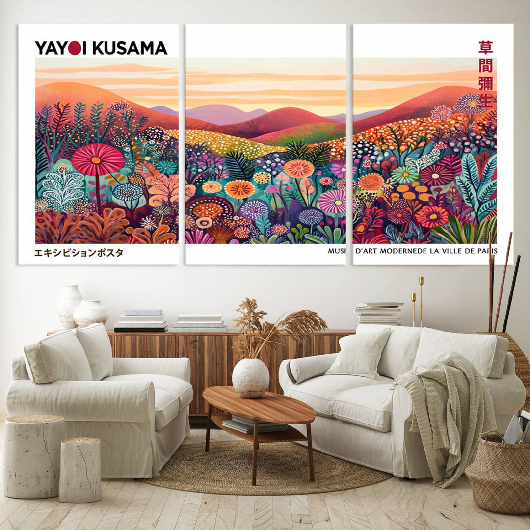 A Framed Yayoi Kusama 1986 Wall Art Print, showcasing a vibrant abstract landscape with flowers and reflecting the Wabi Sabi style, is displayed.