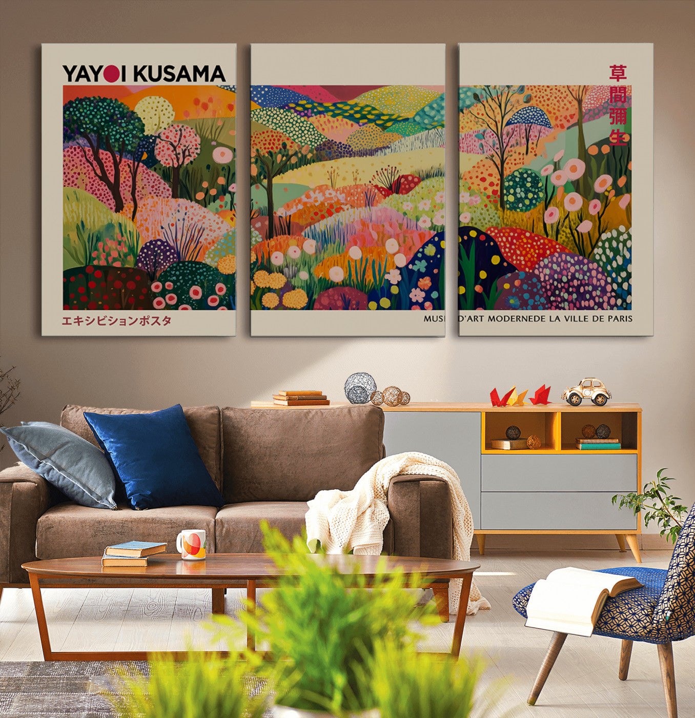 MGV-CV-60X30-3P - Framed Yayoi Kusama 1986 Wall Art Print – Japanese Wall Art Print, Wabi Sabi Yayoi Kusama Print -