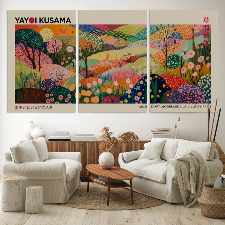 The Framed Yayoi Kusama 1986 Wall Art Print, a vibrant abstract landscape canvas inspired by Japanese design, adds a striking element to the bright room.