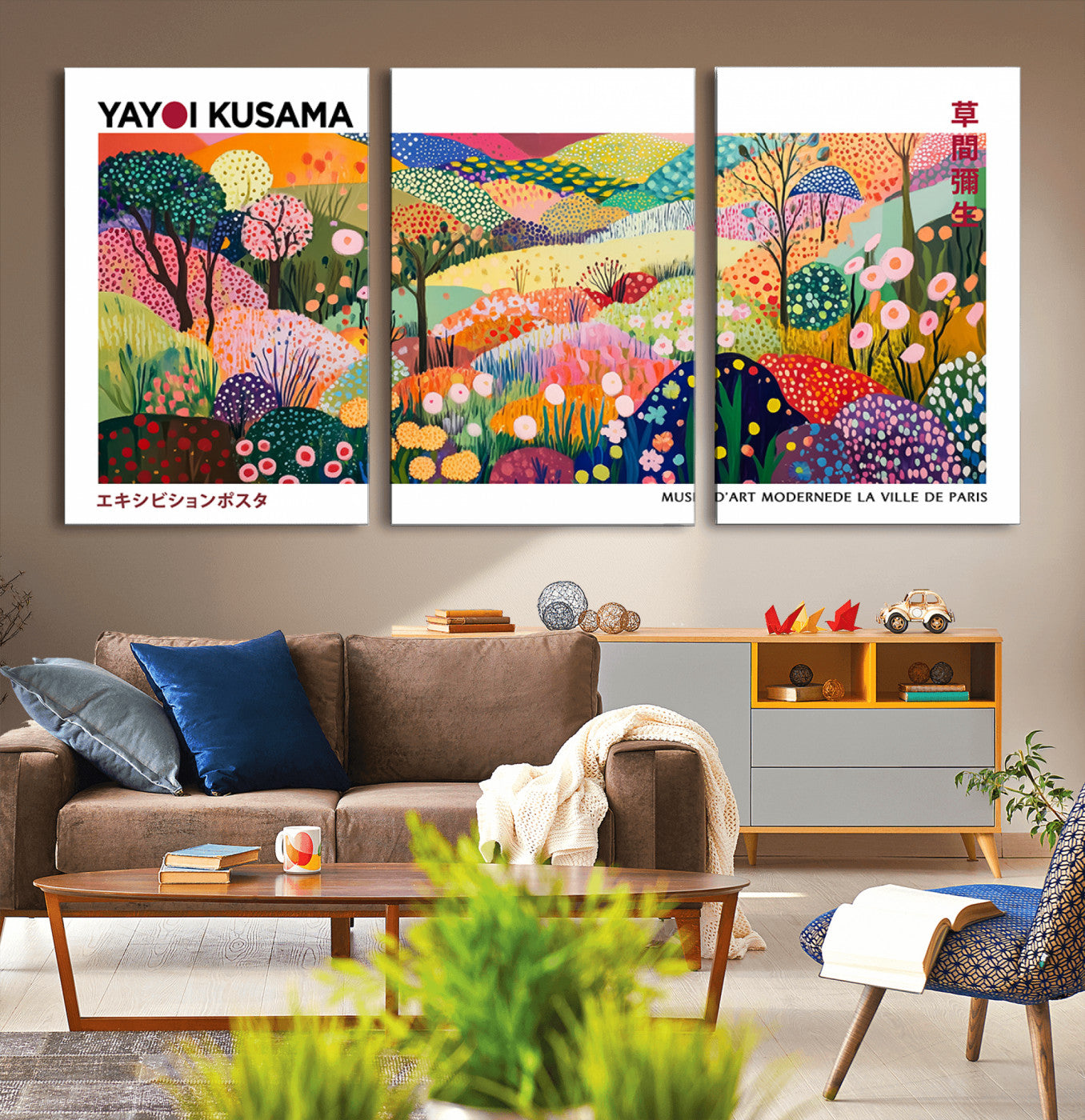 MGV-CV-60X30-3P - Framed Yayoi Kusama 1986 Wall Art Print – Japanese Wall Art Print, Wabi Sabi Yayoi Kusama Print -