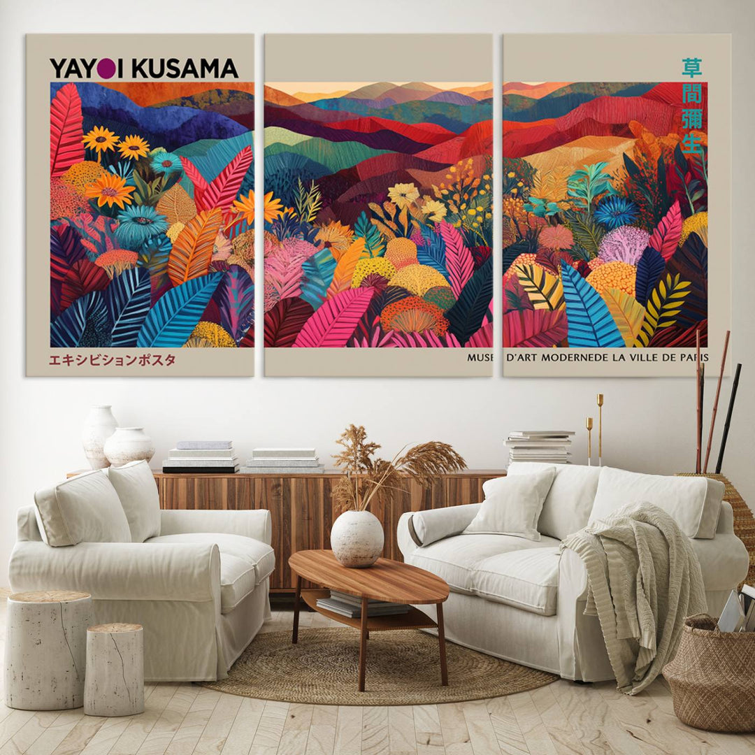 A Yayoi Kusama 1986 wall art print adds color in a modern living room.