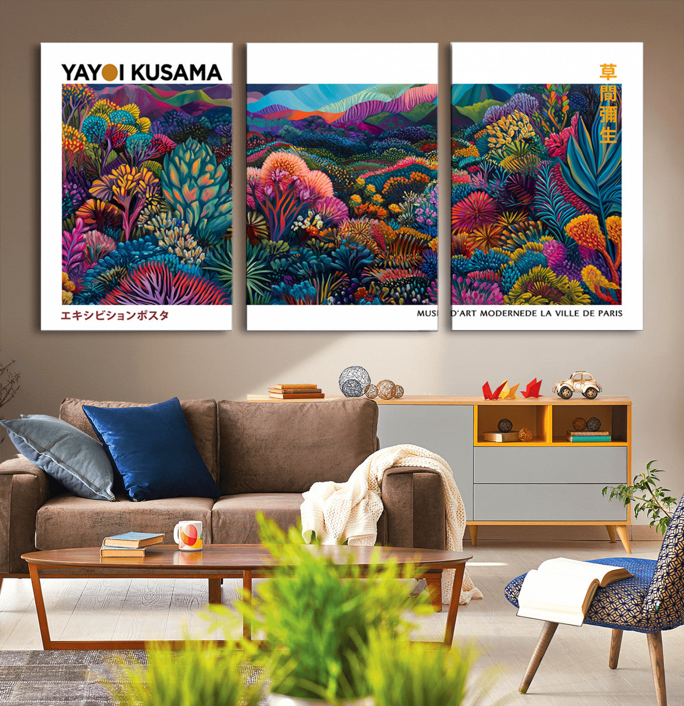 MGV-CV-60X30-3P - Framed Yayoi Kusama 1986 Wall Art Print – Japanese Wall Art Print, Wabi Sabi Yayoi Kusama Print -