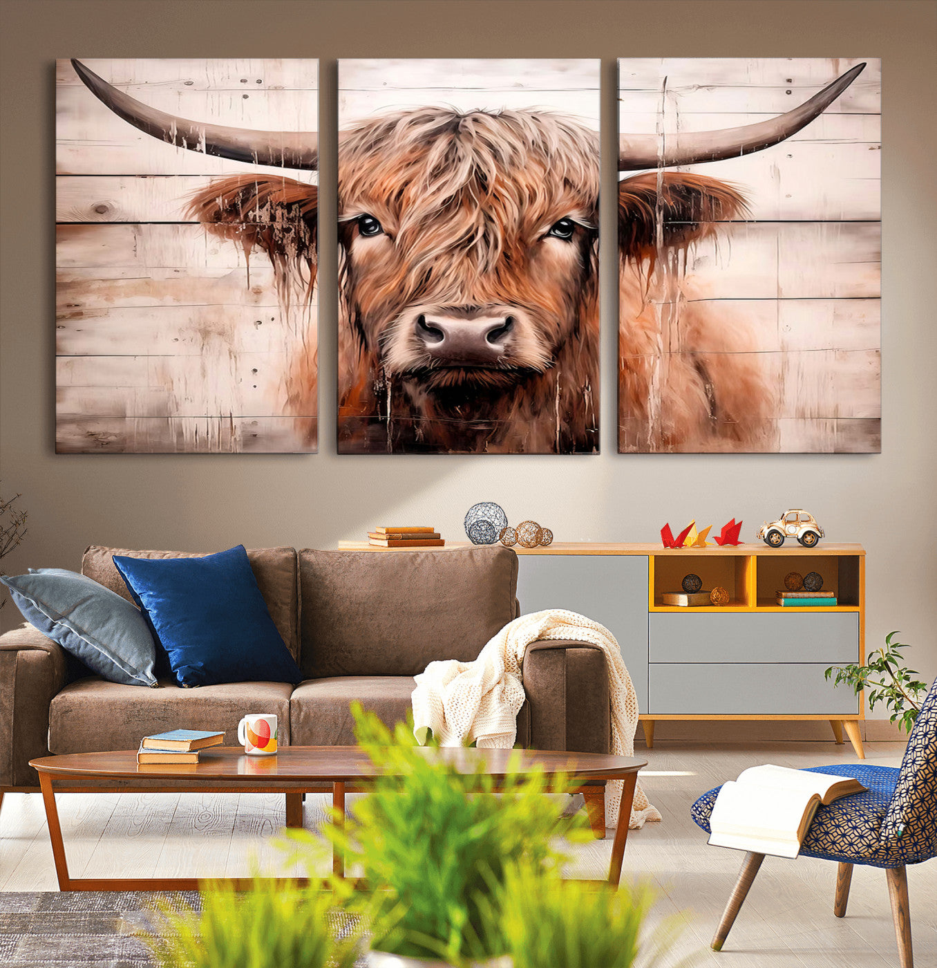 MGV-CV-60X30-3P - Vintage Scottish Highland Cow Cattle Art Print Farmhouse Wall Art Canvas Print