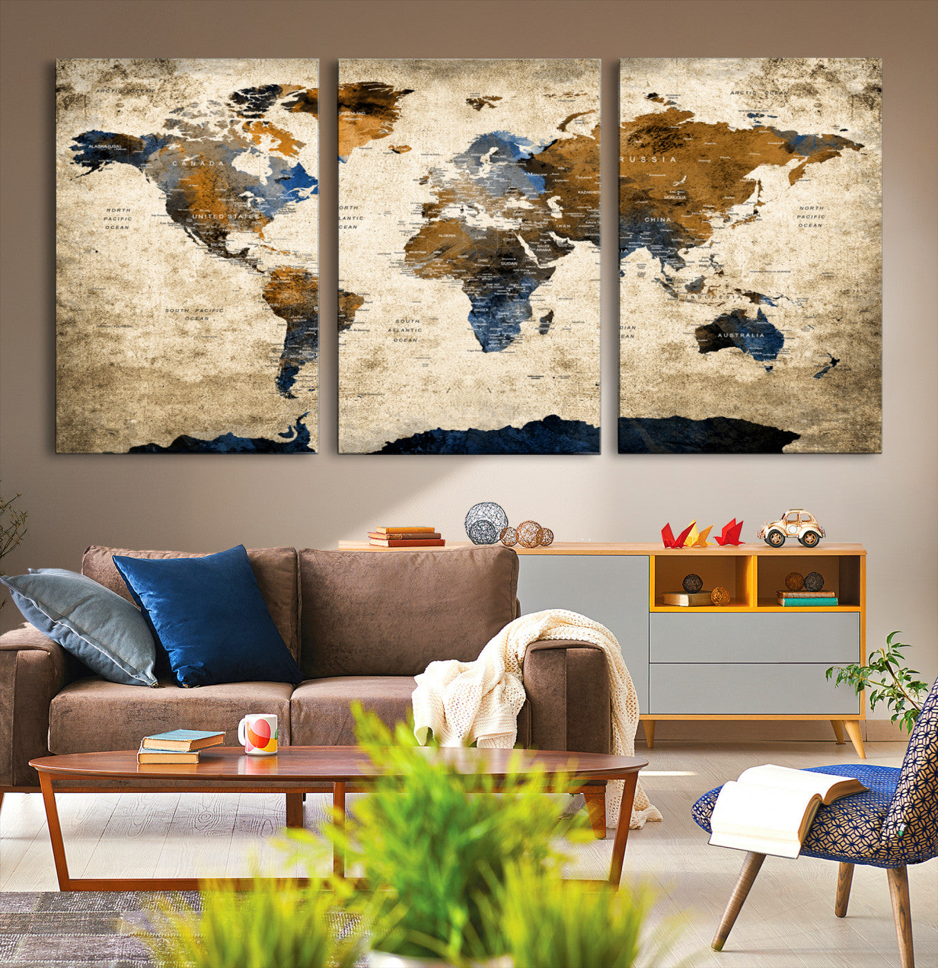 51140-MGV-CV-36X24-Vintage World Map Canvas Wall Art – Textured Triptych Map Print – Global Decor for Living Room or Office – Ready to Hang