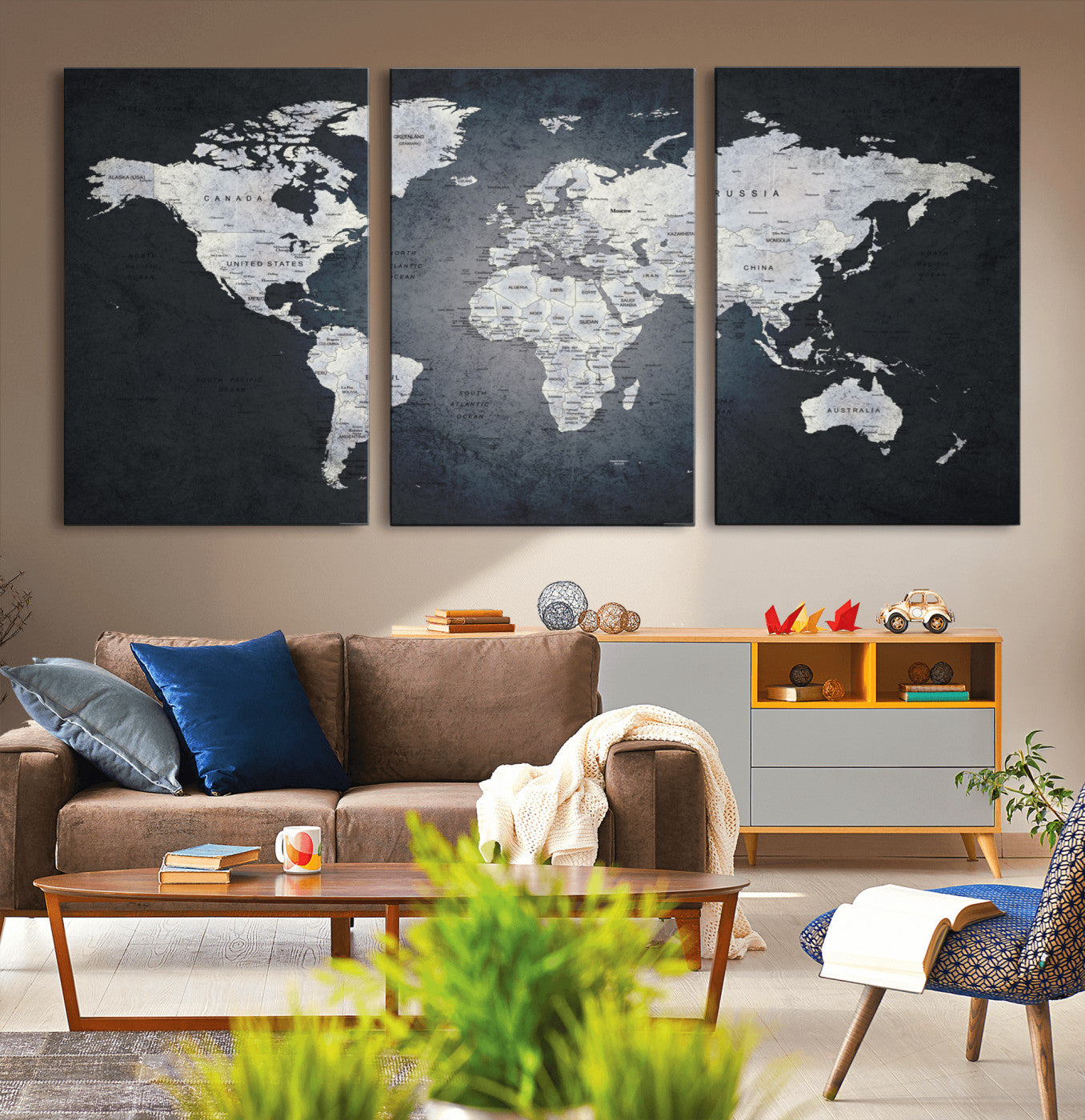 MGV-CV-60X30-3P - World Map Wall Art Canvas Print for Home and Office Decor