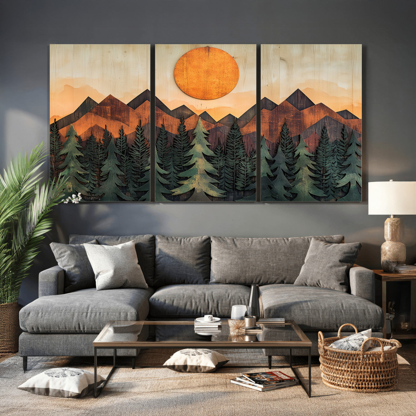 77739-MGV-CV-36X24 - Wood Style Sunset Mountain Landscape Canvas Wall Art Print - Nature Decor for Living Room, Office