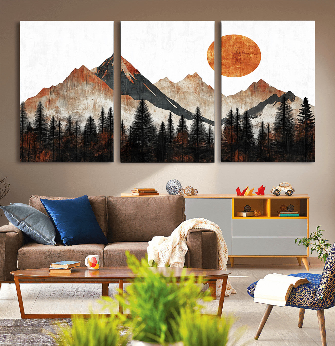 71366-MGV-CV-36X24-Modern Abstract Mountain Canvas Wall Art Print, Abstract Landscape Print, Rustic Sun and Mountains