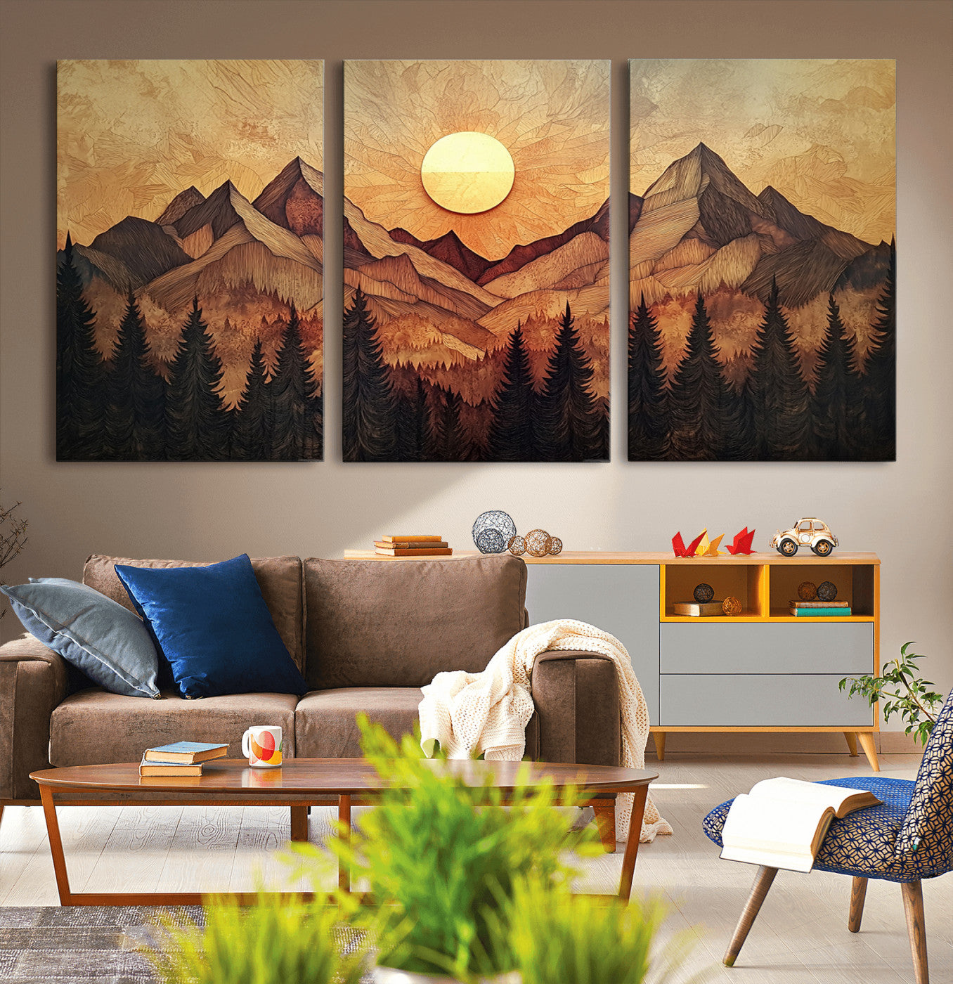 MGV-CV-60X30-3P - Wood Style Abstract Mountain Sunset Canvas Wall Art Print - Warm Earth Nature-Inspired Decor for