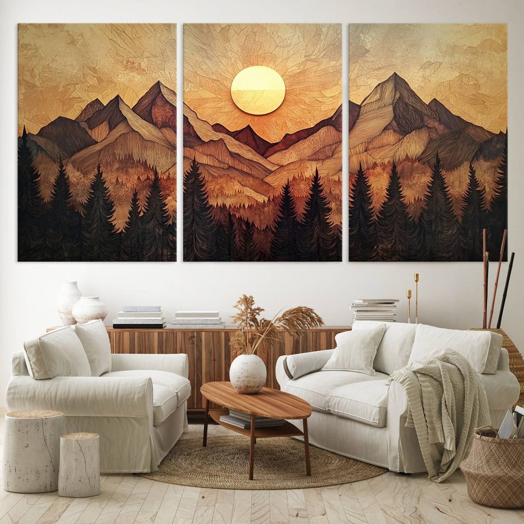 The dining area features a Wood Style Abstract Mountain Sunset canvas wall art print.