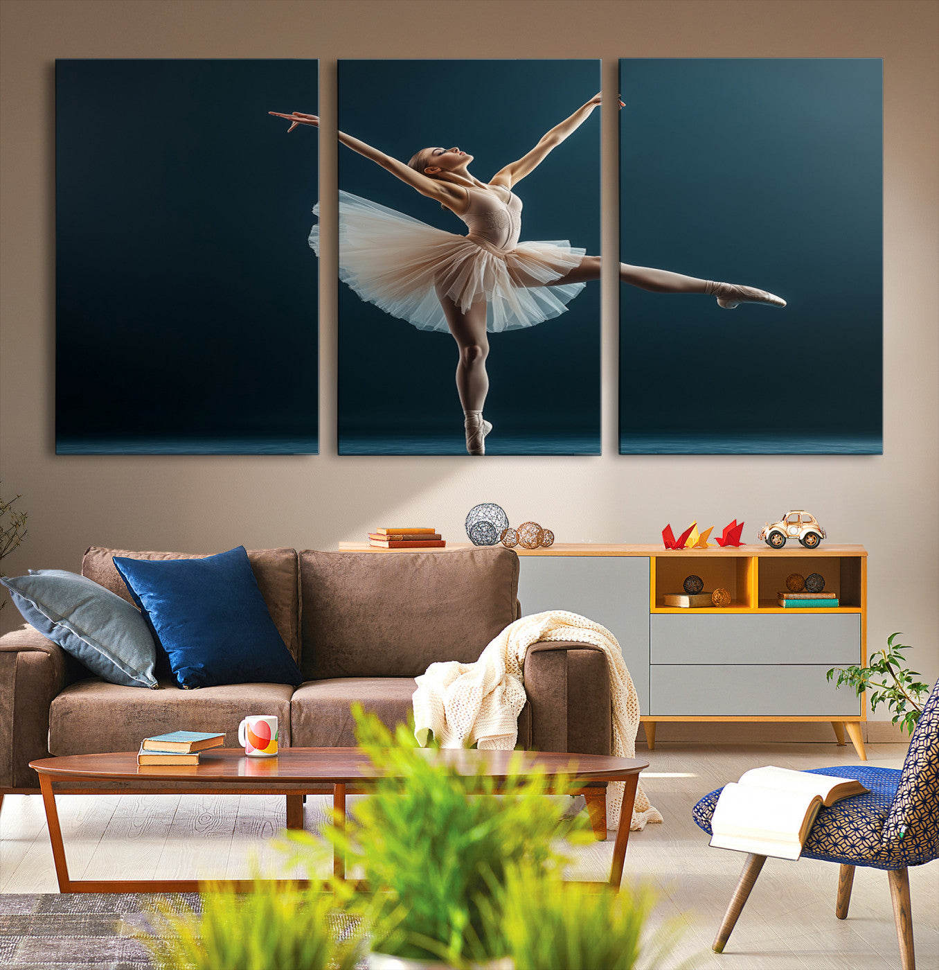 An elegant ballerina captured mid-pose on pointe, radiating grace and strength in a perfectly lit studio setting, her tutu fanned out in delicate symmetry.