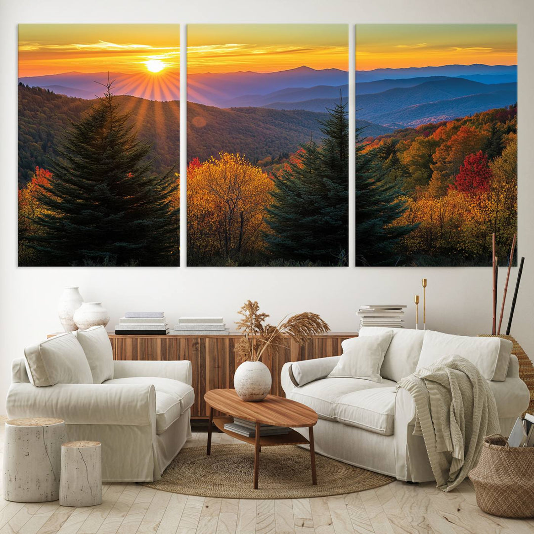 Golden Sunset Over Mountain Forest Canvas Wall Art Print - Warm Nature-Inspired Landscape for Living Room, Dining Room, or Office, Ready to Hang