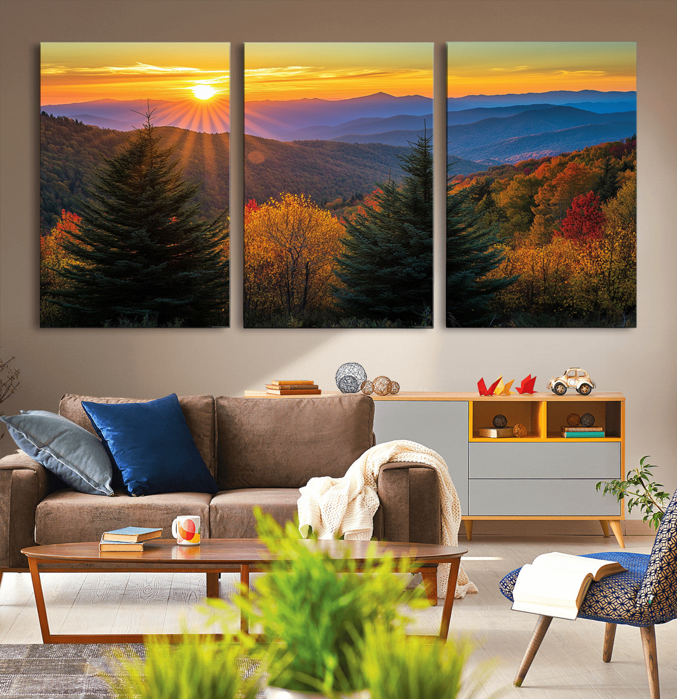 MGV-CV-60X30-3P - Golden Sunset Over Mountain Forest Canvas Wall Art Print - Warm Nature-Inspired Landscape for Living