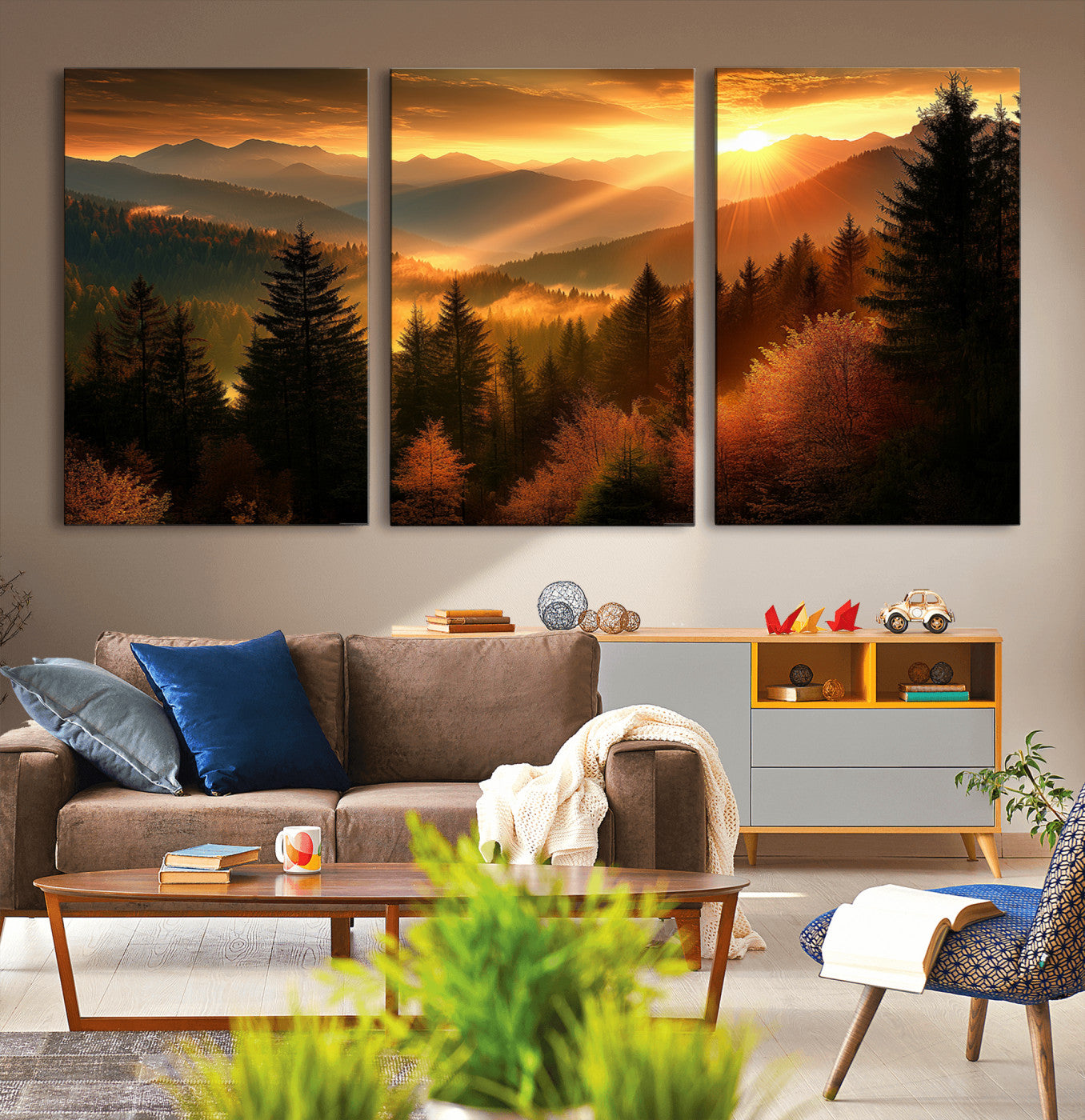 MGV-CV-60X30-3P - Golden Sunset Over Mountain Forest Canvas Wall Art Print - Warm Nature Landscape Print
