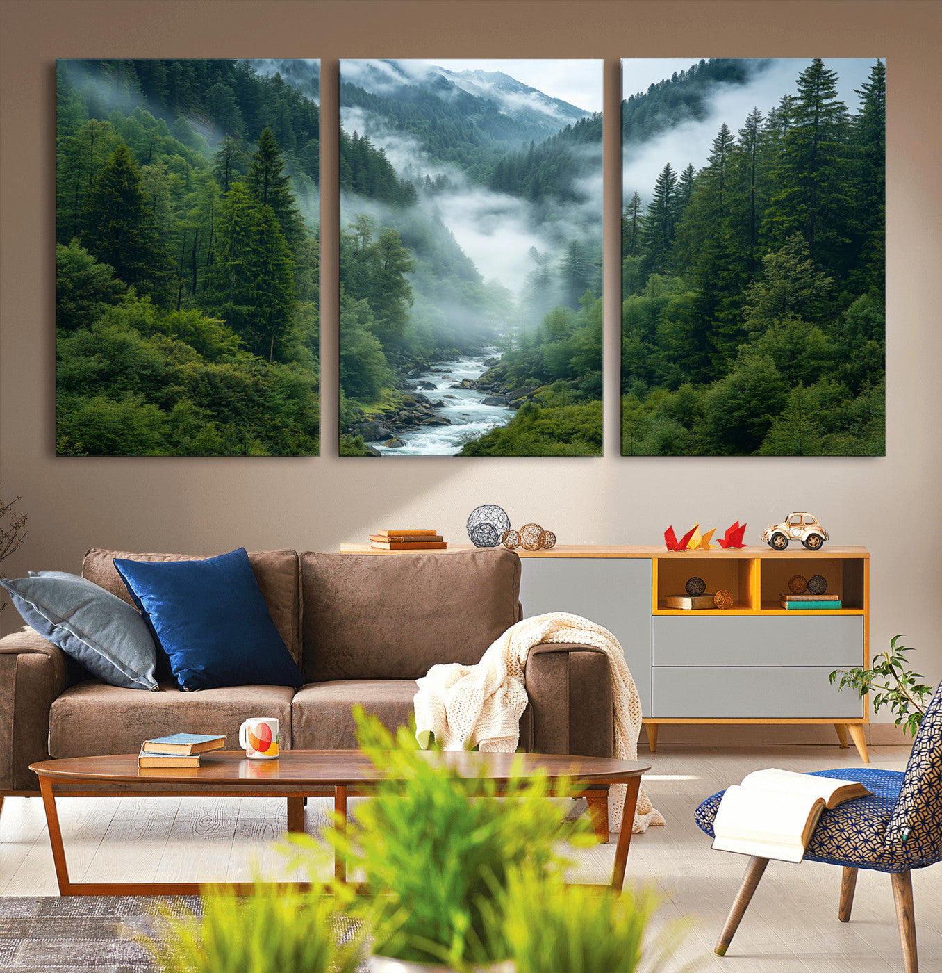 MGV-CV-60X30-3P - Mountain Forest River Canvas Wall Art Print - Serene Nature Landscape for Living Room, Office, or