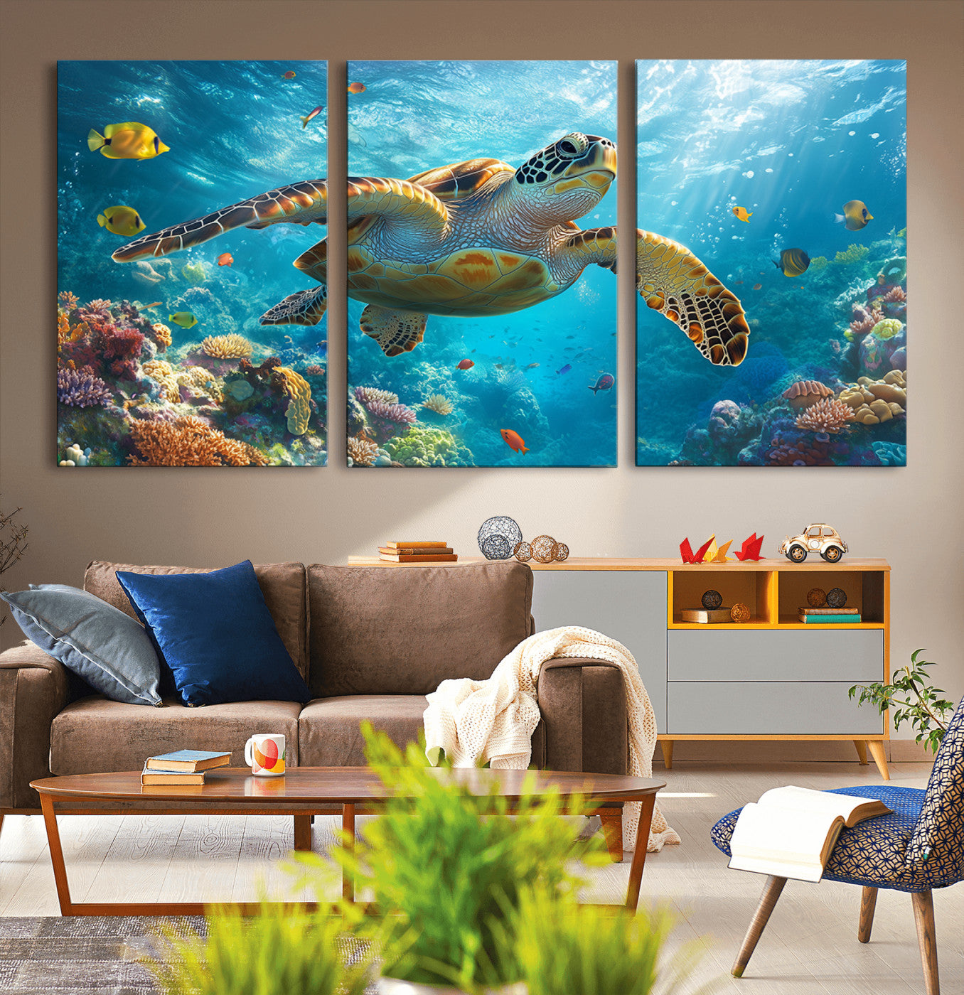 MGV-CV-60X30-3P - Sea Turtle Underwater Canvas Wall Art Print - Vibrant Ocean Wildlife Decor, Marine Wall Art