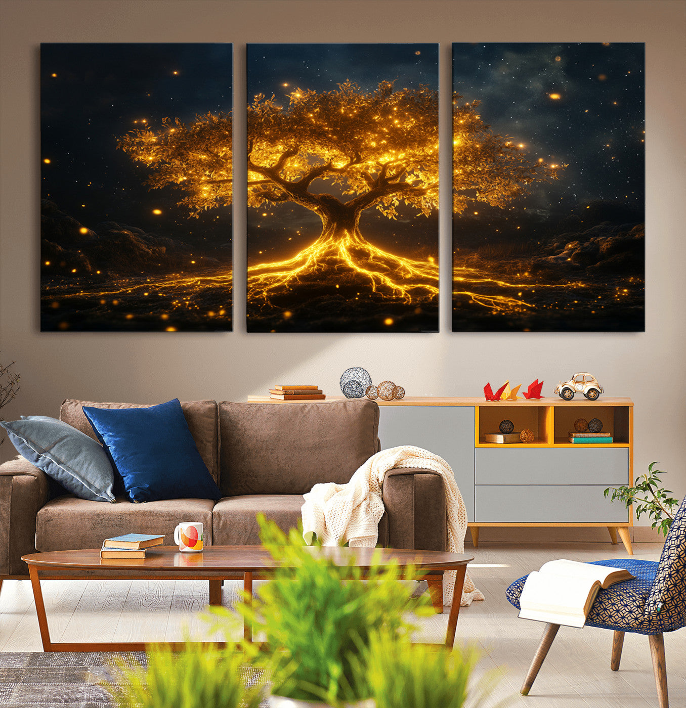 MGV-CV-60X30-3P - Golden Tree of Life Canvas Wall Art Print - Majestic Glowing Tree Design for Living Room, Office, or