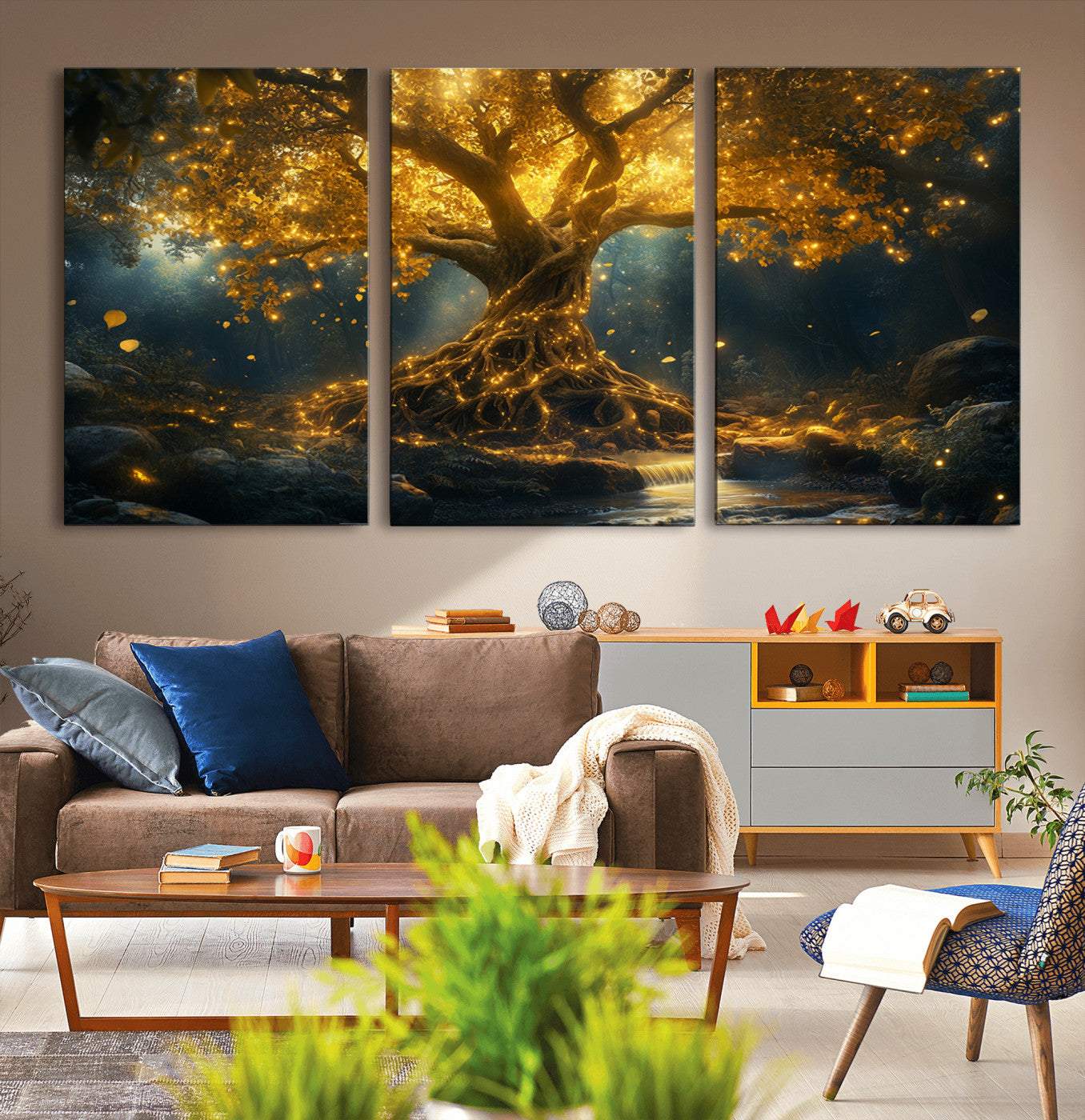 MGV-CV-60X30-3P - Golden Tree of Life Canvas Wall Art Print - Majestic Glowing Tree Wall Art Print