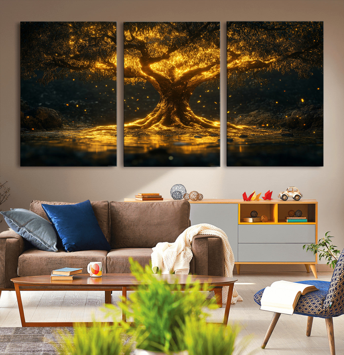 -Golden Tree of Life Canvas Wall Art Print - Majestic Glowing Tree Wall Art Print