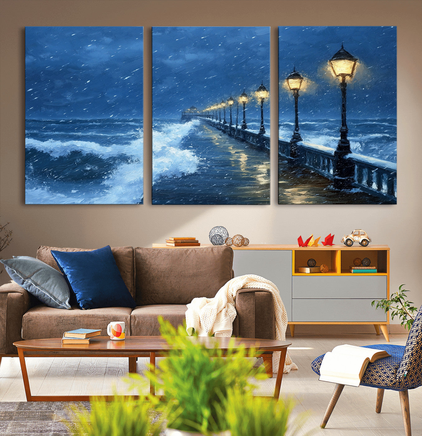 MGV-CV-60X30-3P - Stormy Ocean Pier Lights Canvas Wall Art Print - Large Moody Night Scene for Living Room, or Office,