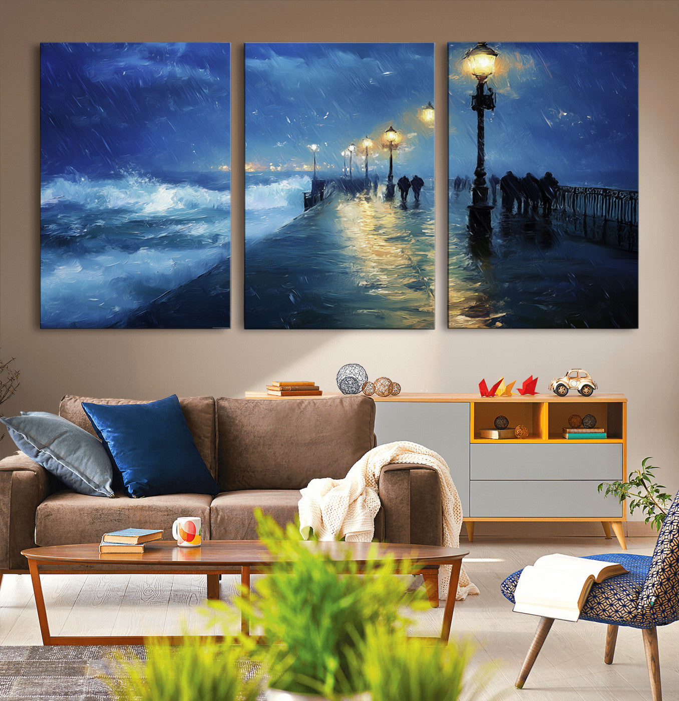 -Abstract Stormy Ocean Pier Canvas Wall Art Print | Stormy Ocean Art | Large Moody Night Scene Print,