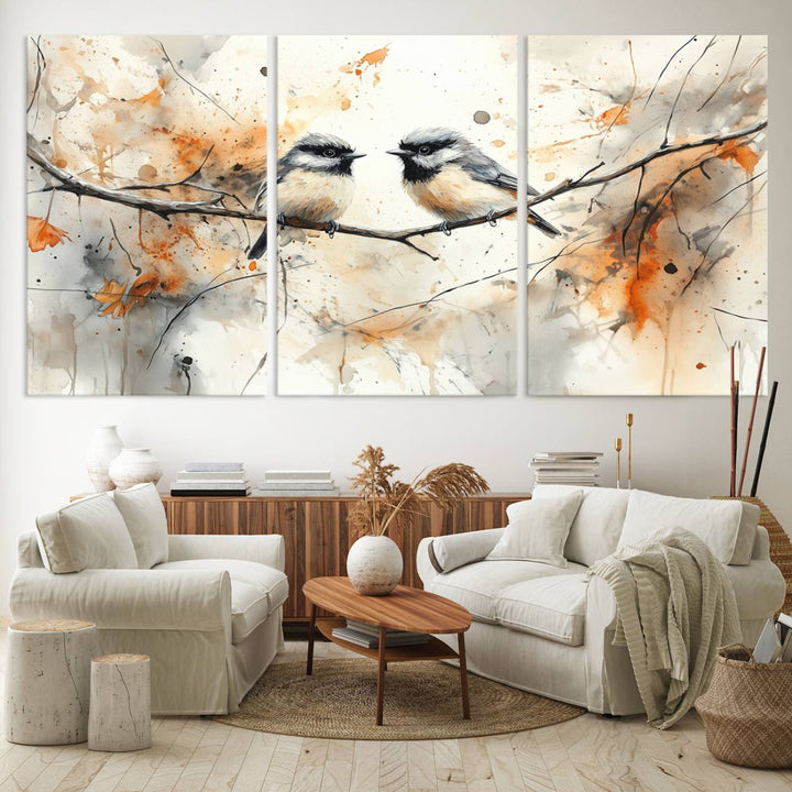 Abstract Watercolor Chickadee Bird Canvas Wall Art Print - Large Bird and Branch Wall Art, Modern Wildlife Wall Decor