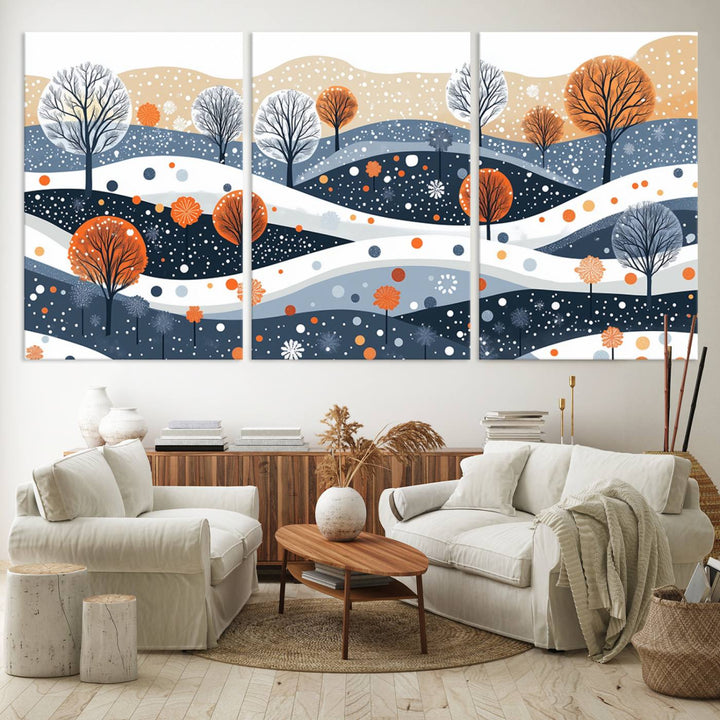 The "Abstract Winter Landscape Canvas Wall Art Print," featuring a triptych of landscapes with trees and hills in vibrant orange, white, and blue hues, adds a gallery-quality finish that transforms the space into an art lover's dream.