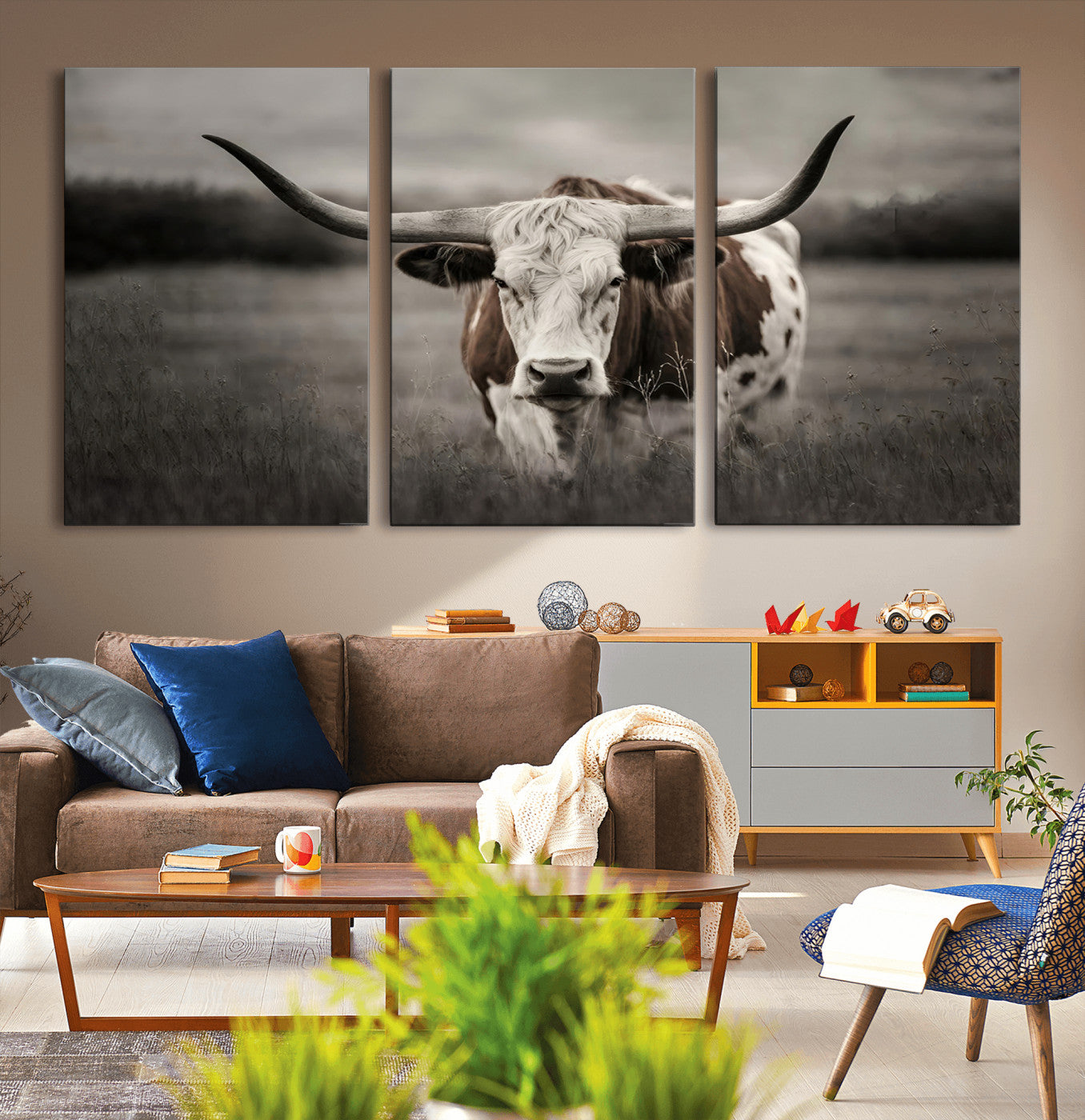 MGV-CV-60X30-3P - Texas Longhorn Cow Canvas Wall Art Print - Large Rustic Longhorn Art for Living Room, Western Wall